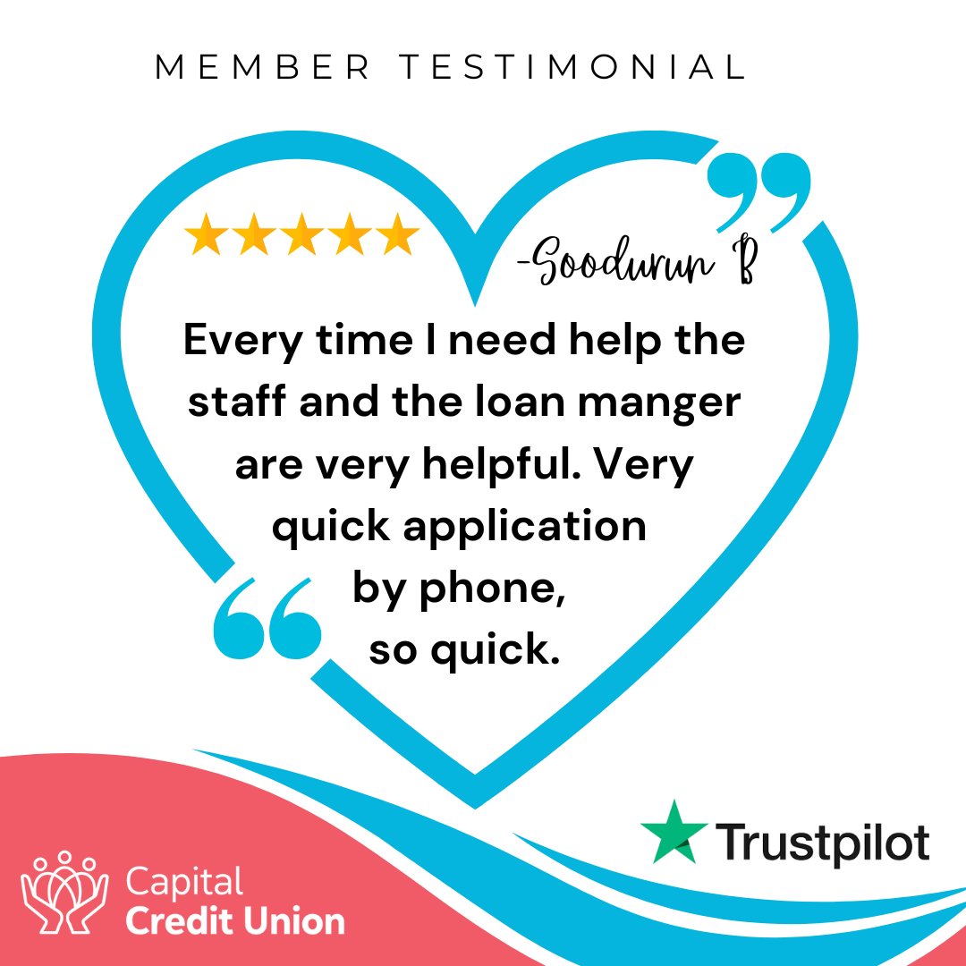 Thank you for  your wonderful feedback! 😄💌We're glad to hear our staff and loan officer were able to assist you quickly and efficiently. We're always here to help with fast service whenever you need it!💙🙌

#CapitalCreditUnion #CapitalCUFamily #Trustpilot #CommunityFirst