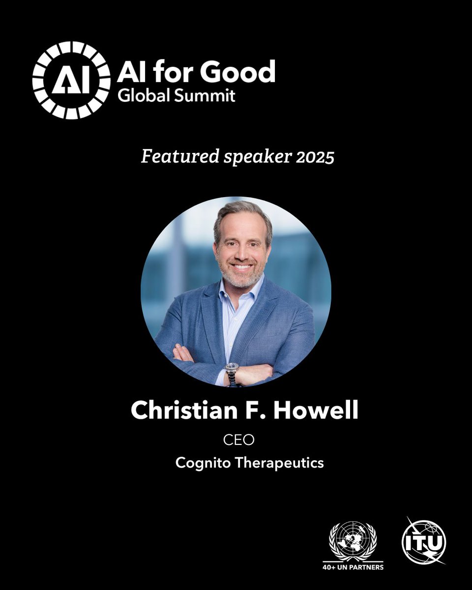 AI for Good πΊπ³ #AIforGood (@aiforgood) on Twitter photo Another inspiring voice joining the #AIforGood Global Summit 2025! Join us as Christian F. Howell, CEO of <a href="/cognitotx/">Cognito Therapeutics</a>, shares his vision on the future of non-invasive #BCI.
Join us for free or go VIP!
π loom.ly/3lYtLDg
π
8β11 July 2025
π Palexpo, Geneva, and online Another inspiring voice joining the #AIforGood Global Summit 2025! Join us as Christian F. Howell, CEO of <a href="/cognitotx/">Cognito Therapeutics</a>, shares his vision on the future of non-invasive #BCI.
Join us for free or go VIP!
π loom.ly/3lYtLDg
π
8β11 July 2025
π Palexpo, Geneva, and online