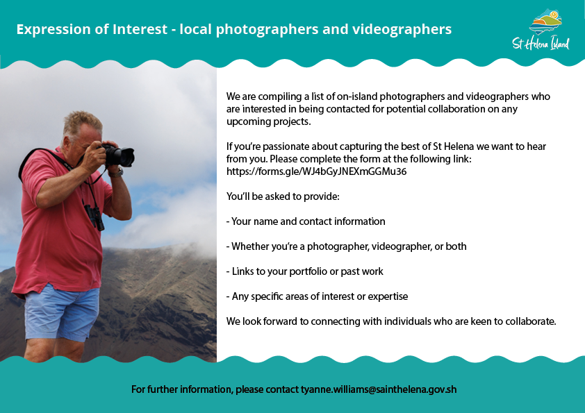 We're looking for on-island photographers and videographers to register interest for any upcoming projects.

Fill in the form here: docs.google.com/forms/d/16ZBY0… 

#StHelena #StHelenaIsland #SouthAtlanticOcean