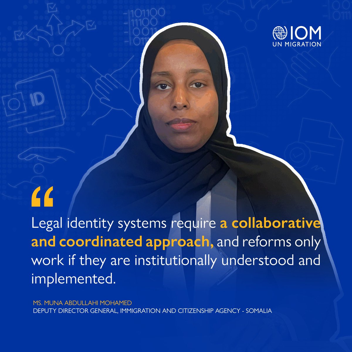 IOM Somalia (@iom_somalia) on Twitter photo "Legal identity builds trust in systems, it is not only about issuing documents," Ms. Muna Abdullahi 💬🇸🇴.
IOM and <a href="/Icasomalia/">ICA Somalia</a> are collaborating on a legal identity programme that strengthens Somalia’s systems to protect migrant rights and promote safe, regular migration. "Legal identity builds trust in systems, it is not only about issuing documents," Ms. Muna Abdullahi 💬🇸🇴.
IOM and <a href="/Icasomalia/">ICA Somalia</a> are collaborating on a legal identity programme that strengthens Somalia’s systems to protect migrant rights and promote safe, regular migration.