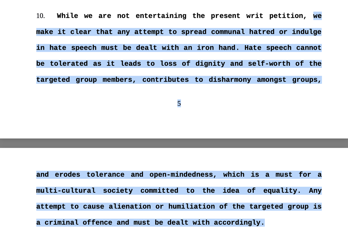 The Court makes it clear that any attempt to spread communal hatred or indulge in hate speech must be dealt with an iron hand. 

"Hate Speech cannot be tolerated."

#SupremeCourt
