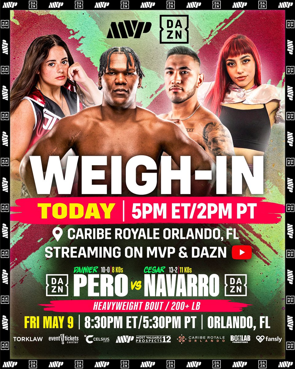 MostVpromotions's tweet image. WEIGH-IN DAY 🔥
Today at 5PM ET / 2PM PT
Live from Caribe Royale Orlando — streaming FREE on MVP &amp;amp; @DAZNBoxing YouTube 📺

Pero vs Navarro and the full MVP 12 squad hit the scales.
Let’s see who’s ready for war ⚔️ 

#MVP12 #DAZNBoxing