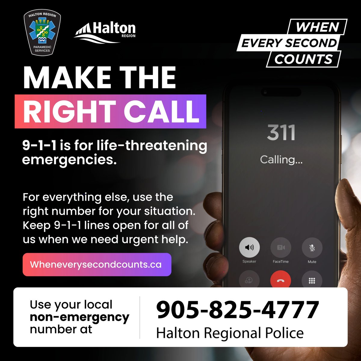 Every second matters. A non-emergency call to 9-1-1 could delay a life-saving response. Know
when to call and when to use non-emergency numbers. #ThinkBeforeYouDial
#WhenEverySecondCounts Learn more: ow.ly/eug650VPjLM