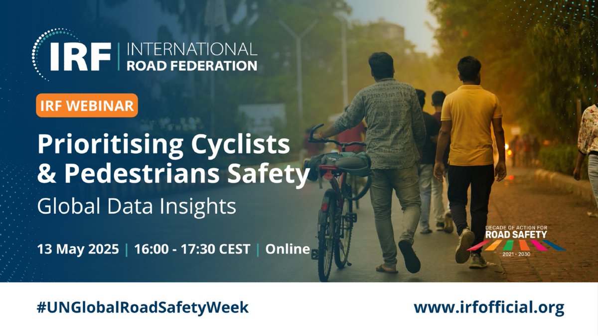 Road Safety Alliance (@roadsafetyngos) on Twitter photo As part of the <a href="/UNGRSW/">UN Road Safety Week</a>, we will be participating in this a webinar organized by the <a href="/IRF_global/">International Road Federation® (Certified by IRF)</a>, to discuss global trends in road coalition data, and examine real-world case studies on improving road safety for pedestrians and cyclist.
Join us!
👉 irfofficial.org/event/global-d… As part of the <a href="/UNGRSW/">UN Road Safety Week</a>, we will be participating in this a webinar organized by the <a href="/IRF_global/">International Road Federation® (Certified by IRF)</a>, to discuss global trends in road coalition data, and examine real-world case studies on improving road safety for pedestrians and cyclist.
Join us!
👉 irfofficial.org/event/global-d…