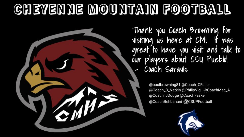 Jay Saravis - Cheyenne Mountain Football (@coachsaravis) on Twitter photo Thank you Coach Browning for coming back to visit us at CM! Always great to have CSU Pueblo in the building! <a href="/paulbrowning81/">Paul Browning</a> <a href="/PhilipVigil/">Coach Vigil</a> <a href="/CoachMac_A/">Mac Alexander</a> <a href="/CoachFaske/">Caid Faske</a> <a href="/Coach_B_Natkin/">Brian Natkin</a> <a href="/Coach_CFuller/">Chance Fuller</a> <a href="/Coach_JDodge/">Coach Jordan Dodge</a> <a href="/CoachBehbahani/">Neema Behbahani</a> <a href="/CMTNAthletics/">CM Athletics</a> <a href="/cmsd12/">cmsd12</a> Thank you Coach Browning for coming back to visit us at CM! Always great to have CSU Pueblo in the building! <a href="/paulbrowning81/">Paul Browning</a> <a href="/PhilipVigil/">Coach Vigil</a> <a href="/CoachMac_A/">Mac Alexander</a> <a href="/CoachFaske/">Caid Faske</a> <a href="/Coach_B_Natkin/">Brian Natkin</a> <a href="/Coach_CFuller/">Chance Fuller</a> <a href="/Coach_JDodge/">Coach Jordan Dodge</a> <a href="/CoachBehbahani/">Neema Behbahani</a> <a href="/CMTNAthletics/">CM Athletics</a> <a href="/cmsd12/">cmsd12</a>