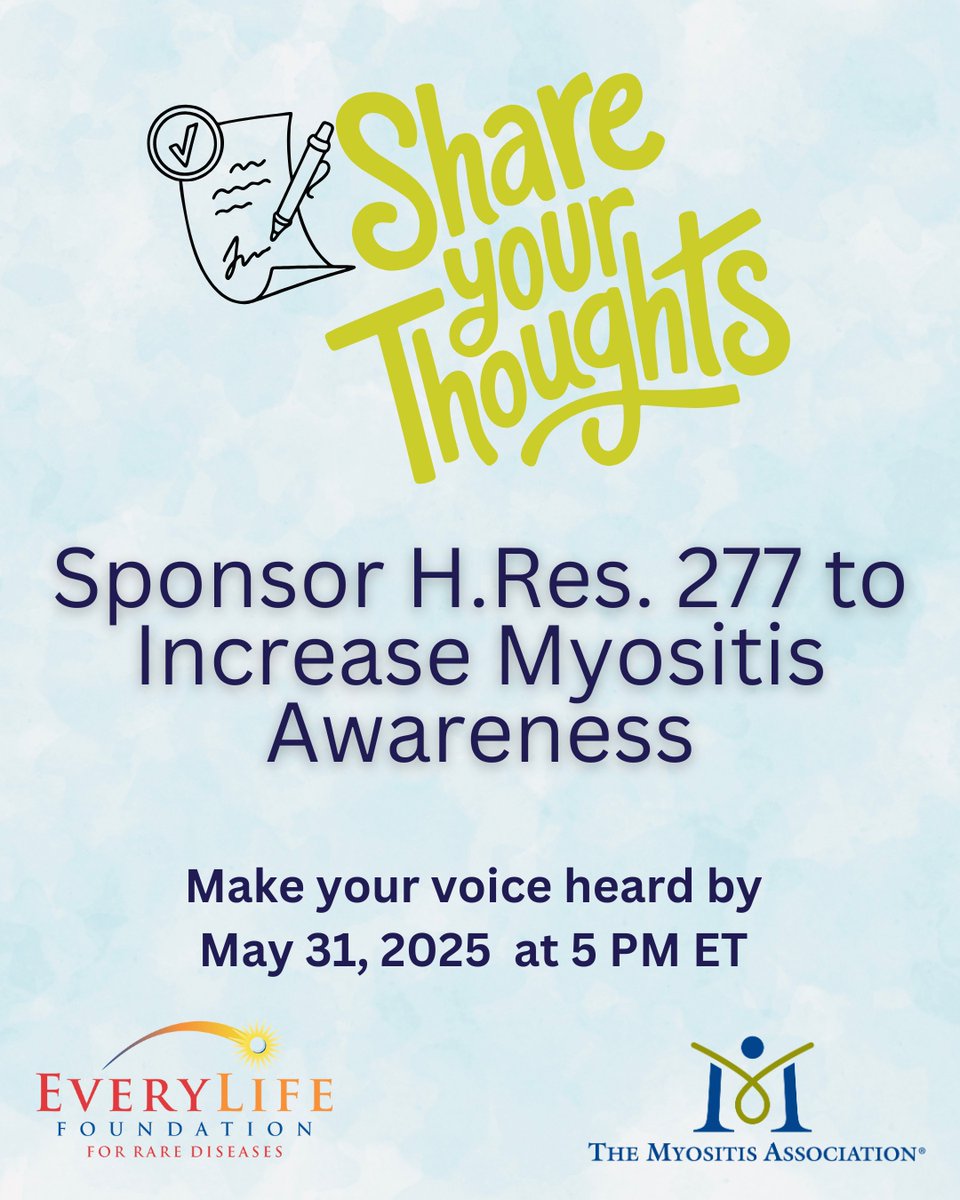 The Myositis Association is calling on every individual impacted by myositis to take action now.  Ask your Representative to co-sponsor H.Res. 277 and help bring national attention to the realities of living with myositis. everylifefoundation.quorum.us/campaign/12154…
