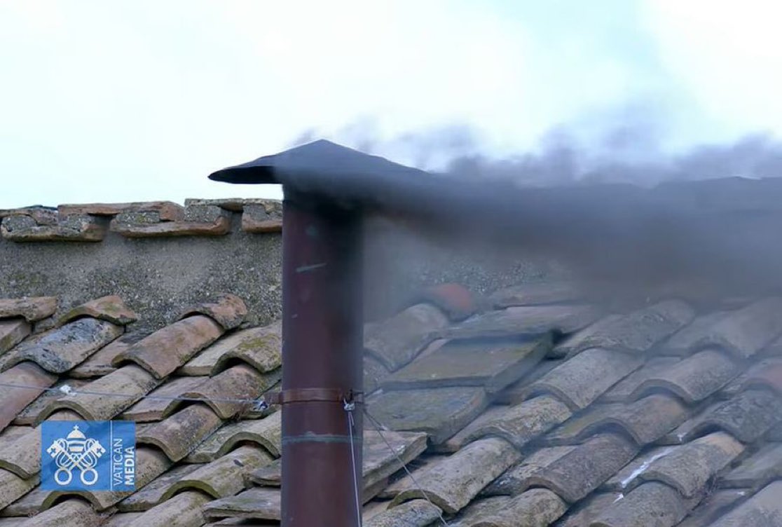 Black smoke emerges from the Sistine Chapel chimney again, indicating they have yet to elect a new Pope.
