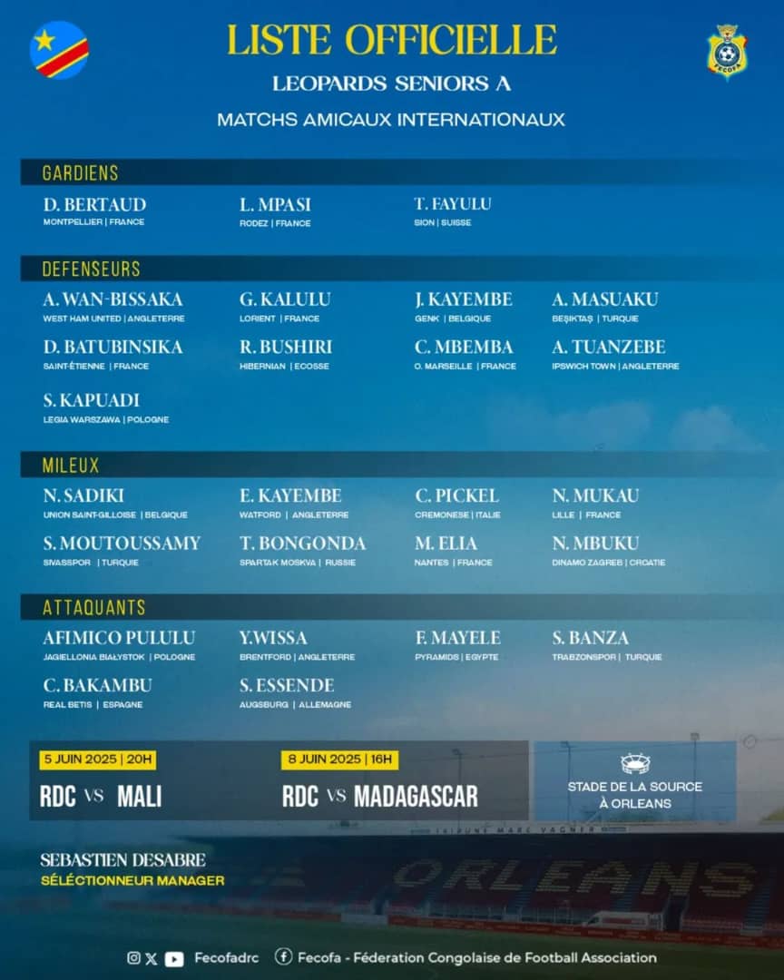 Liste Officielle de Léopards Seniors A, Matchs Amicaux #RDC #RDCongo vs #Mali et #Madagascar