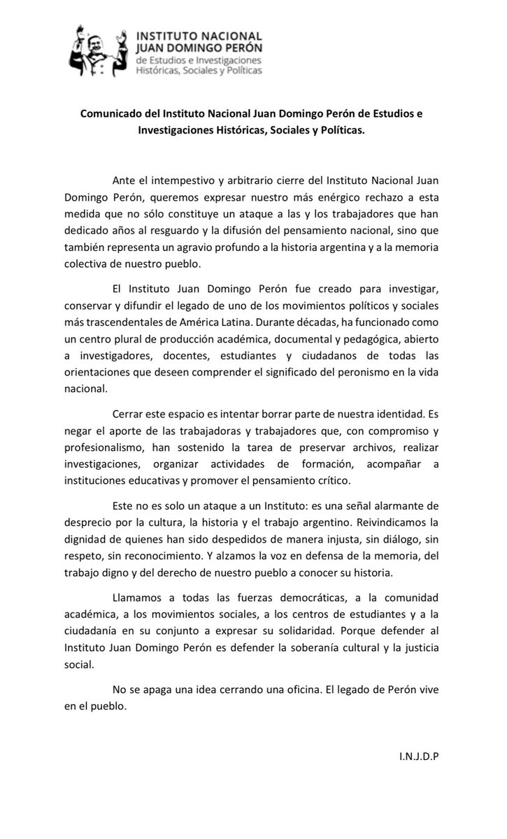 Grupo de Puebla (@progresalatam) on Twitter photo En una nueva muestra de autoritarismo, <a href="/JMilei/">Javier Milei</a> ordenó cerrar el Instituto Nacional Juan Domingo Perón. Con el claro objetivo que deje de investigarse, divulgarse y promover el legado de Perón.
En los últimos 30 años de la democracia argentina todos los gobiernos apoyaron y En una nueva muestra de autoritarismo, <a href="/JMilei/">Javier Milei</a> ordenó cerrar el Instituto Nacional Juan Domingo Perón. Con el claro objetivo que deje de investigarse, divulgarse y promover el legado de Perón.
En los últimos 30 años de la democracia argentina todos los gobiernos apoyaron y