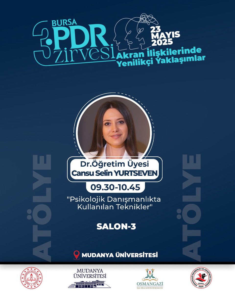 🎓 BURSA 3. PDR ZİRVESİNDE BULUŞUYORUZ 
📍Akran İlişkilerinde Yenilikçi Yaklaşımlar

📅 Tarih: 23 Mayıs 2025, Cuma
🕘 Saat: 09.30 – 15.15
📍 Yer: Mudanya Üniversitesi Yerleşkesi

🎯 Eğitimciler, rehber öğretmenler, psikolojik danışmanlar ve alana ilgi duyan herkes davetlidir!