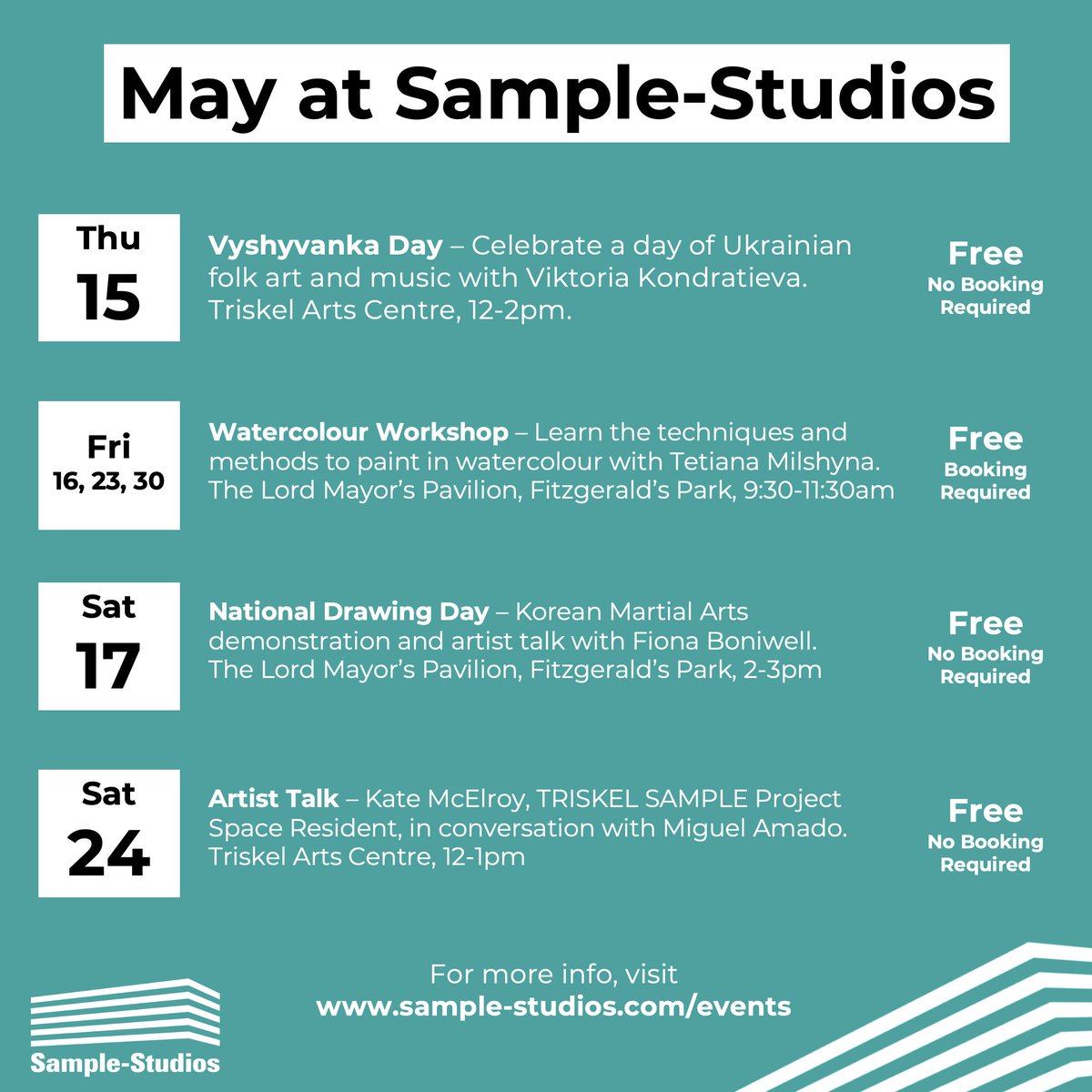 Plenty of exciting FREE public events still to come in May at Sample-Studios! We have artist talks and showcases from our exhibiting artists as well as participatory events and workshops from our Studios of Sanctuary participants. Visit sample-studios.com/events for more info.