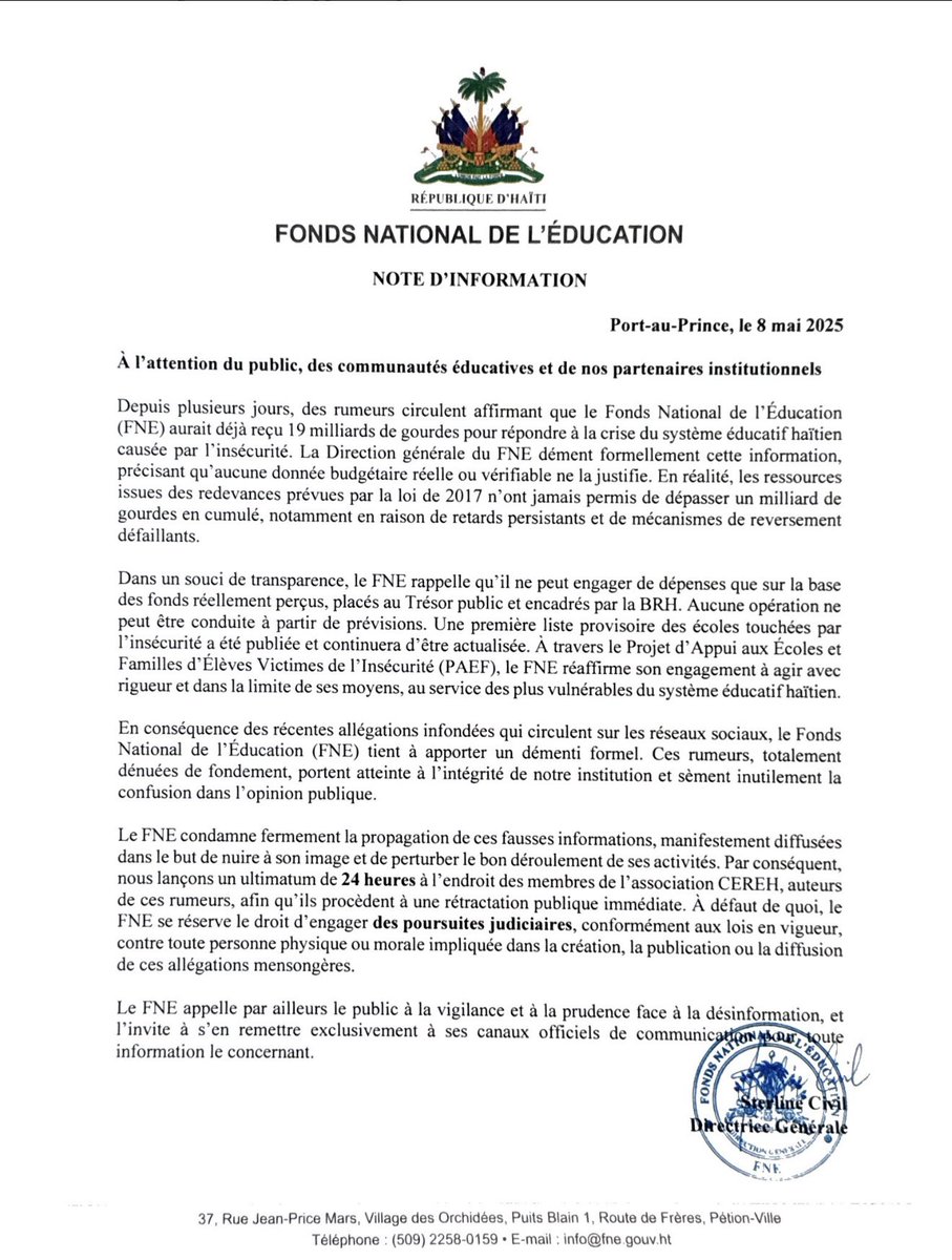 Le FNE dément formellement.
Aucun 19 milliards de gourdes n’a jamais été perçu. La liste des écoles touchées par l’insécurité est provisoire et évolutive. #fne #haiti