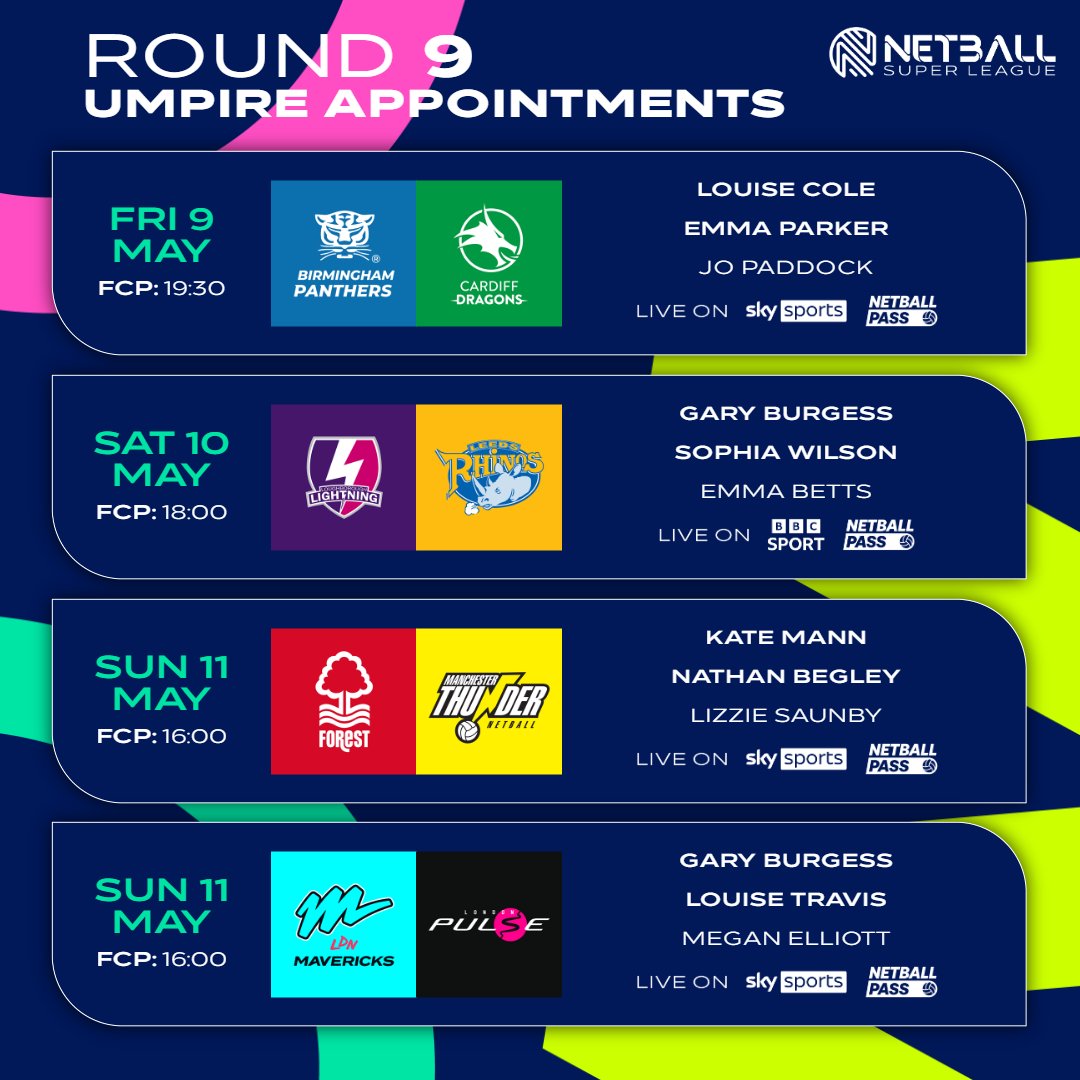 Here are your England Netball Super League Umpire Appointments for round 9. 🙌

👏 Best of luck to all our officials!
🎥 Tune in live and catch all the action!

#NSL2025 #OfficiatingFamily