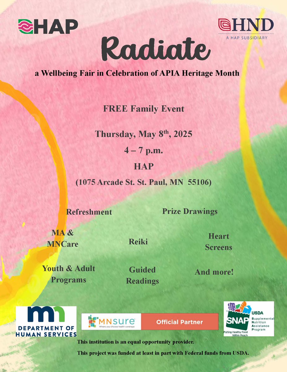 🌟 Happening TODAY! 🌟

Join us for Radiate, a FREE Wellbeing Fair celebrating APIA Heritage Month!

📍 HAP, 1075 Arcade St, St. Paul
🕓 4–7 PM
💉 Vaccines • 🎁 Drawings • 👐 Massages • 🥤 Refreshments
🚧 Use Magnolia/Cook due to construction

#RadiateWellbeing