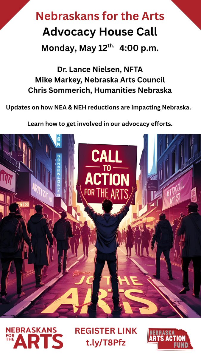🔔 NFTA ADVOCACY HOUSE CALL WEBINAR:  Protecting NEA Funding
Join Nebraskans for the Arts Monday, May 12, 4PM CT for critical updates on NEA grant cancellations and immediate actions our arts community can take.
Register now!  t.ly/T8Pfz
#ProtectTheNEA  #SaveTheArts