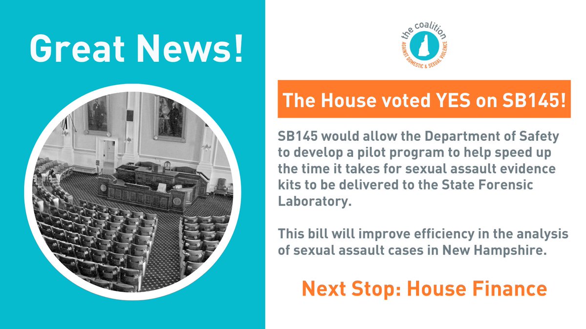 Great News! The House voted YES on SB145, legislation that will help improve efficiency in the analysis of sexual assault cases in NH, ensuring that evidence is delivered to the State Forensic Laboratory in a timely manner. #NHPolitics