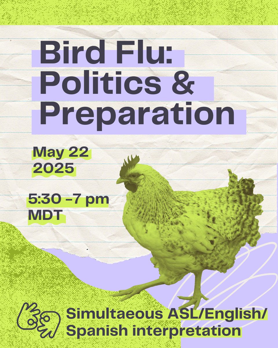 Join Not Our Farm and Young Farmers for a virtual panel discussion about the ongoing bird flu / H5N1 outbreak, its origins, and its impact on farmworkers, farmers, livestock, and the general public on May 22, 2025 from 5:30-7pm MT.

Register here: support.youngfarmers.org/birdflu