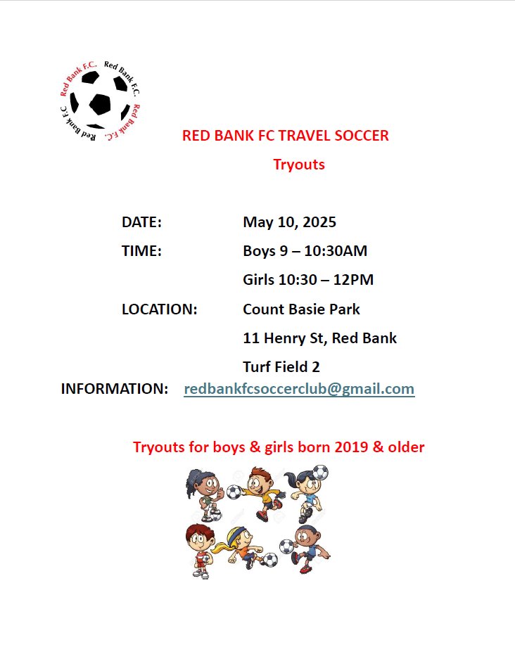 ⚽Red Bank FC Travel Soccer tryouts will take place this Saturday at Count Basie Park! 
9:00 AM - 10:30 AM for boys
10:30 AM -12 PM for girls
Don't miss out on this opportunity!