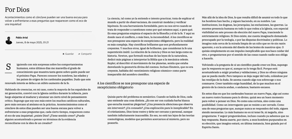 Pablo Artal (@pablo_artal) on Twitter photo "Por Dios"
Mi artículo de opinión quincenal de hoy en <a href="/laverdad_es/">laverdad_es</a>
"Buena suerte a esos hombres purpurados en su elección, que imagino estará, en última instancia, bien guiada por el Espíritu Santo."
laverdad.es/opinion/pablo-…
<a href="/aaguirredc/">alberto aguirre de c</a> <a href="/vrrios/">Víctor Rodríguez</a> "Por Dios"
Mi artículo de opinión quincenal de hoy en <a href="/laverdad_es/">laverdad_es</a>
"Buena suerte a esos hombres purpurados en su elección, que imagino estará, en última instancia, bien guiada por el Espíritu Santo."
laverdad.es/opinion/pablo-…
<a href="/aaguirredc/">alberto aguirre de c</a> <a href="/vrrios/">Víctor Rodríguez</a>
