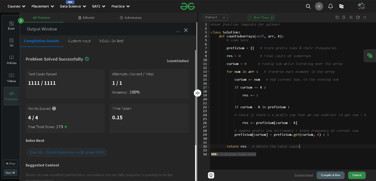 muzamilnaik_'s tweet photo. Day 49 ✅ | #gfg160 Challenge @geeksforgeeks 
Solved → ✅ Subarrays with Sum K
🧠 Technique Used: Prefix Sum + HashMap
📈 Time: O(n) | 📦 Space: O(n)

👉 Open ALT → Full explanation step-by-step!

#DSA #Python #Hashing #PrefixSum #Subarray #100DaysOfCode #geekstreak2025 https://t.co/MfRiCYaHDO