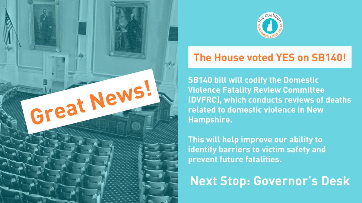 Terrific News! The House voted to pass SB140, which will codify the Domestic Violence Fatality Review Committee. This will improve our statewide response to deaths related to domestic violence in New Hampshire by identifying barriers to victim safety. #NHPolitics