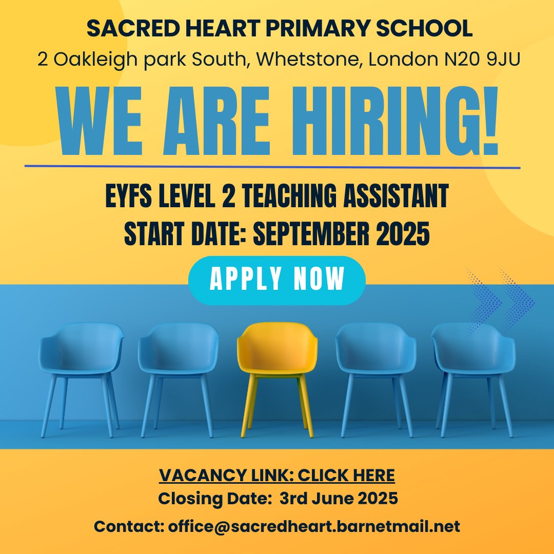 WE ARE HIRING – EYFS Level 2 Teaching Assistant
Sacred Heart Primary school is looking for a EYFS Level 2 Teaching Assistant to join us in September 2025. If you’re passionate about teaching, we’d love to hear from you.

📍 Location: Oakleigh park South, Whetstone, London N20 9JU