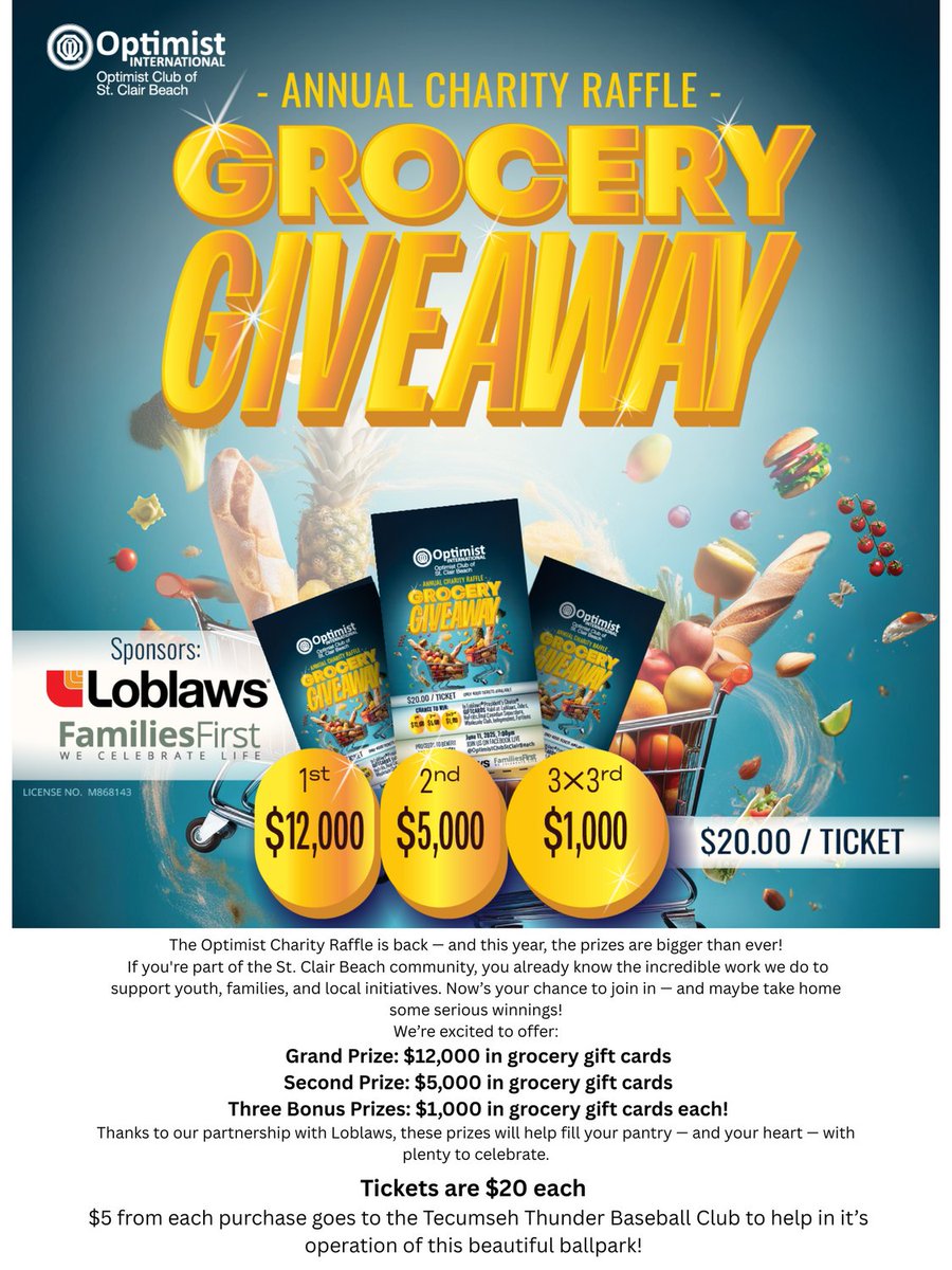The Tecumseh Thunder Baseball Club is selling the Optimist Club of SCB  “Grocery Giveaway” Raffle tickets at the Ballpark Concession! Get yours during game days and win big! $5 from every ticket goes towards the TBC to help upkeep our beautiful Stadium.  Draw is on June 11th!