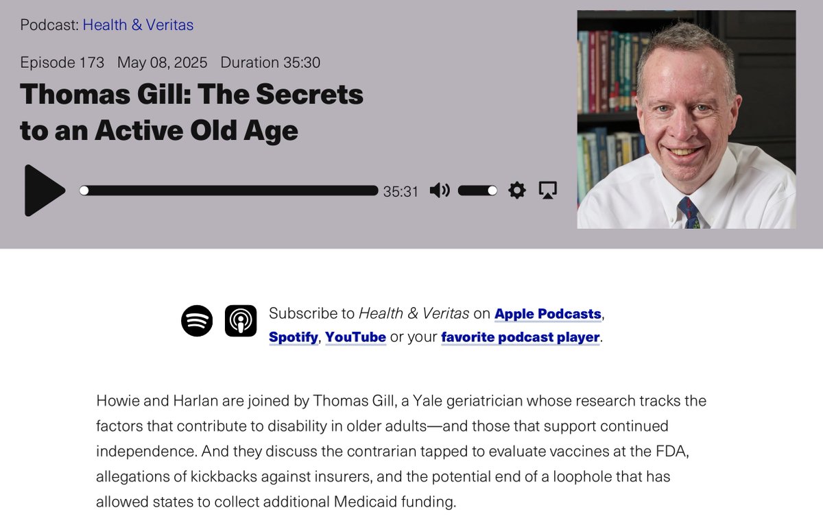 Thomas Gill (@mrdisability) on Twitter photo I was pleased to talk with <a href="/hmkyale/">Harlan Krumholz</a> & <a href="/thehowie/">(((Howard Forman)))</a> on the podcast #HealthAndVeritas, produced w/ <a href="/YaleSOM/">Yale School of Management</a> & <a href="/YaleSPH/">Yale School of Public Health</a>. Listen as we discuss prehabilitation programs to prevent functional decline, the events that precipitate disability and shape recovery & current geriatric practice. I was pleased to talk with <a href="/hmkyale/">Harlan Krumholz</a> & <a href="/thehowie/">(((Howard Forman)))</a> on the podcast #HealthAndVeritas, produced w/ <a href="/YaleSOM/">Yale School of Management</a> & <a href="/YaleSPH/">Yale School of Public Health</a>. Listen as we discuss prehabilitation programs to prevent functional decline, the events that precipitate disability and shape recovery & current geriatric practice.