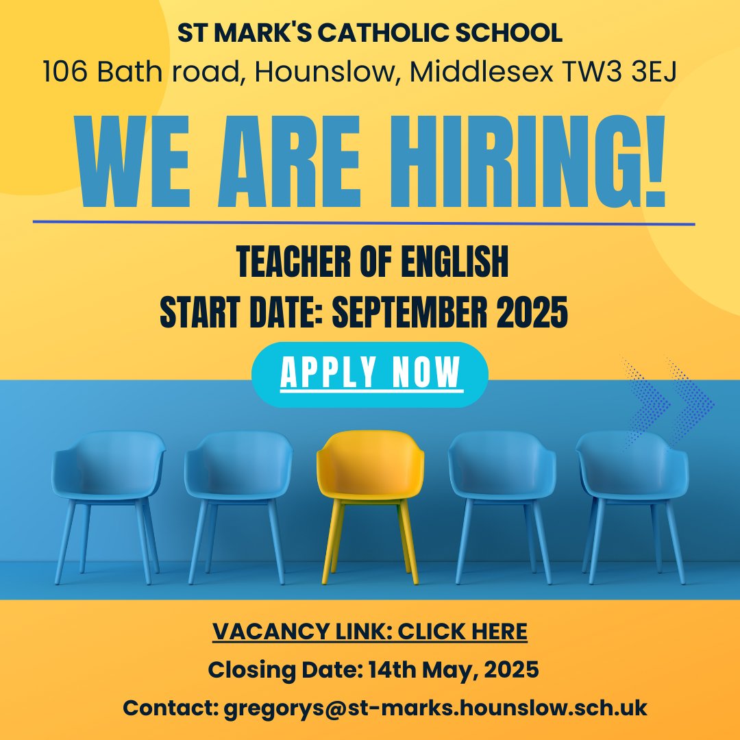 WE ARE HIRING – Teacher of English
St Mark's Catholic School is looking for a Teacher of English to join us in September 2025. If you’re passionate about teaching, we’d love to hear from you.

📍 Location: Bath Road, Hounslow, Middlesex TW3 3EJ
 📅 Closing Date: 14th May 2025
🔗