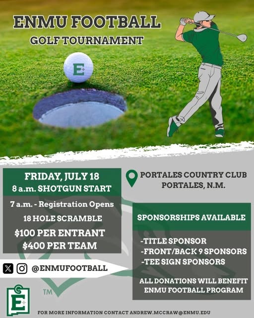 Eastern New Mexico University Football (@enmufootball) on Twitter photo Back by "Popular Demand!" The ENMU Greyhound Football Golf Scramble will be Friday, July 18th at Portales Country Club. To RSVP, inquire about sponsorship, or for more information contact andrew.mccraw@enmu.edu #Reignforever Back by "Popular Demand!" The ENMU Greyhound Football Golf Scramble will be Friday, July 18th at Portales Country Club. To RSVP, inquire about sponsorship, or for more information contact andrew.mccraw@enmu.edu #Reignforever
