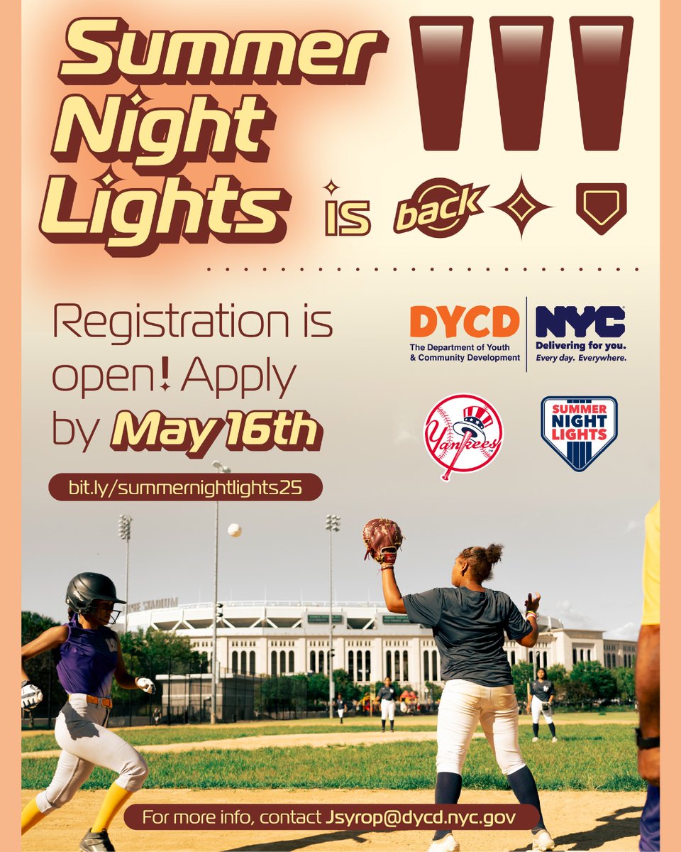 ⚾️ Summer Night Lights 2025 is back!

DYCD’s league is now accepting applications through May 23.

The league runs July to August at Elston Gene Howard Field!

Selected teams will receive confirmation and next steps following the review process.