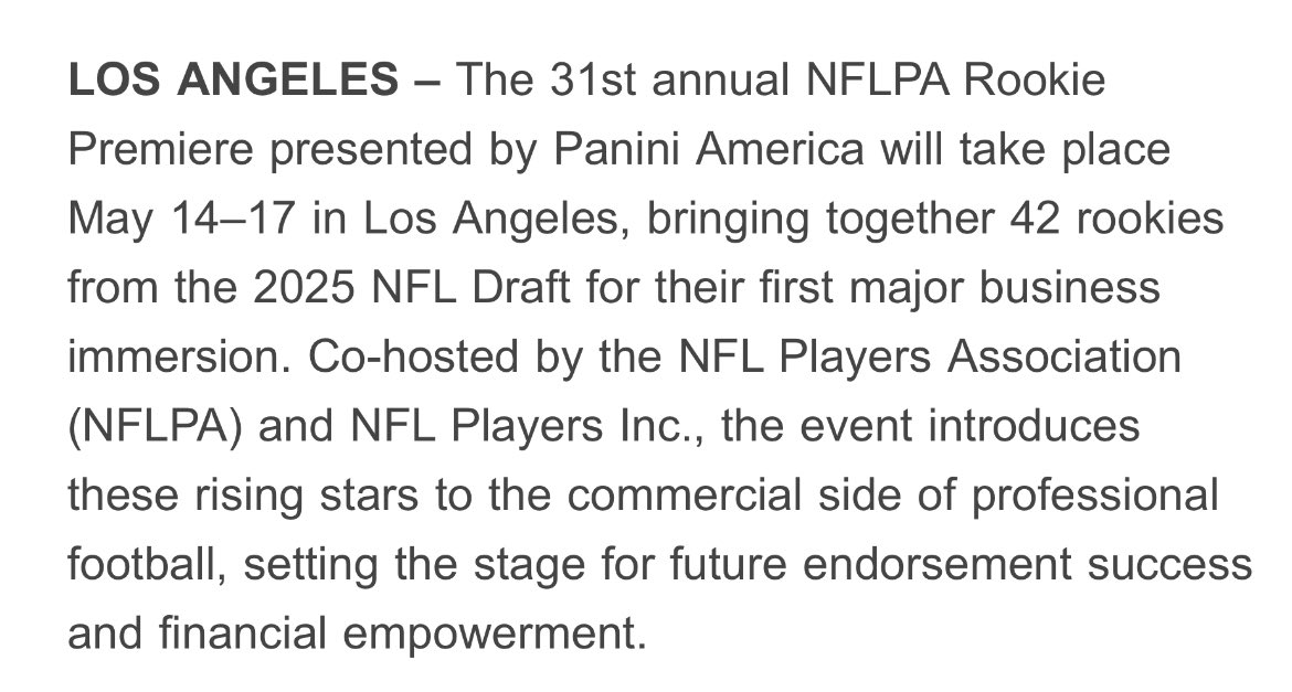 #Colts first-round pick Tyler Warren and sixth-round pick Riley Leonard are two of 42 rookies who will participate in next week’s <a href="/NFLPA/">NFLPA</a> Rookie Premiere in LA.

The event is geared toward helping rookies navigate their off-field financial endeavors.