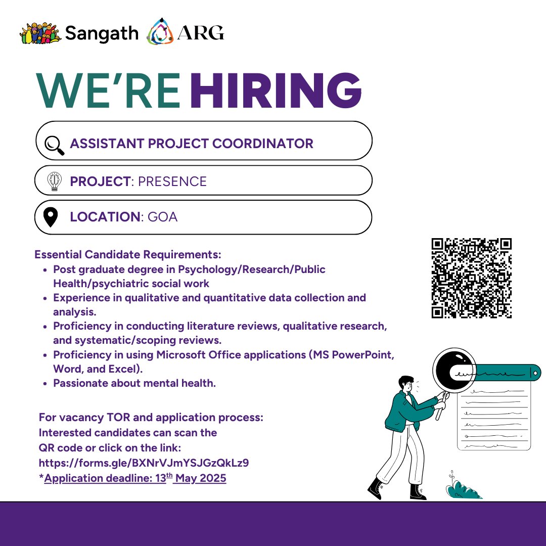 #MentalHealthVacancies of the week at Sangath India!
An Opportunity to work on adolescent mental health projects.

🔷 Vacancy: Asst. Project Coordinator
🔷Location: Goa
🔷Project: PRESENCE 

Scan QR code for info +  link to form here: forms.gle/sCmWaN1dGe1oUE…