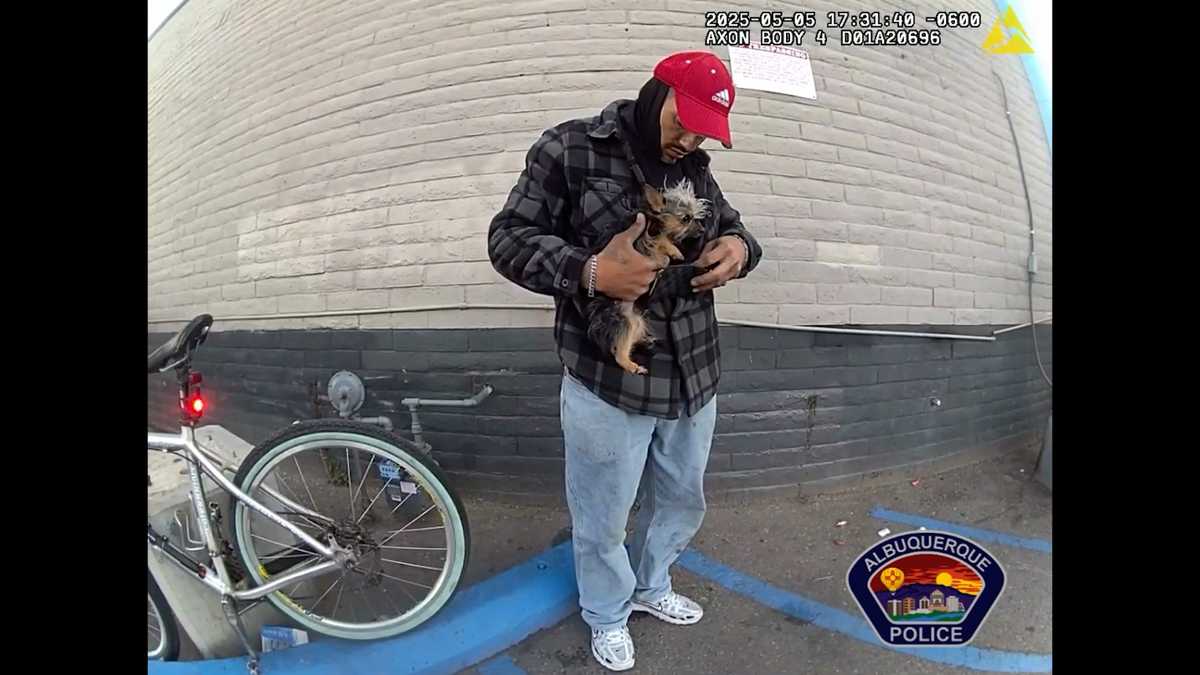 The dog that was thrown at a police officer was found and is safe. The dog did not belong to the suspect and will be reunited with the rightful owner soon. 

koat.com/article/albuqu…