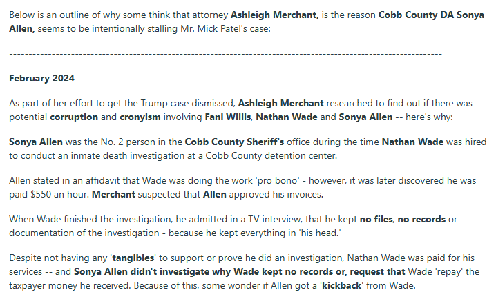 MusicSuiteC's tweet photo. 1 of 3
The History Between "Cobb County DA Sonya Allen" & "Attorney Ashleigh Merchant"
#CobbCounty #AshleighMerchant #SonyaAllen #DistrictAttorney #CarolineMiller #MickPatel #Walmart #Acworth #Georgia #FaniWillis #NathanWade #ElectionInterference #DonaldTrump https://t.co/0Yk26L63BF