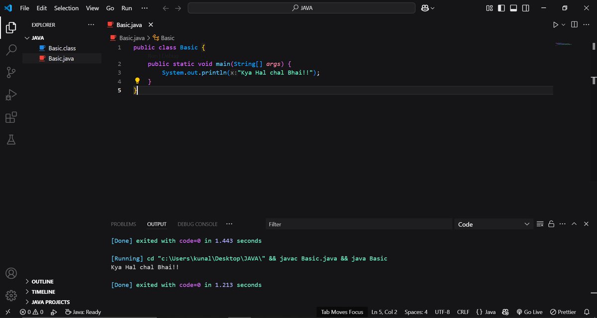 Kunaljadhav02's tweet image. "Today I wrote my first line of Java code! ☕✨
Output may be simple, but the journey has just begun...
"System.out.println("Kya Hal chal Bhai!!");"
Let’s see where this coding adventure takes me!
Got any advice, folks?
#Java #CodingJourney #HelloWorld"