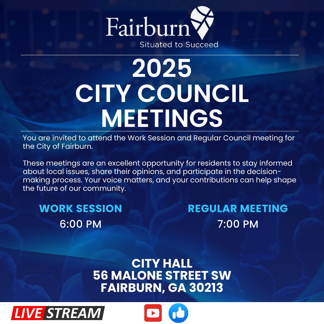 This is your reminder 🔔: There will be a City Council Meeting on May 12th, 2025, located at City Hall at 56 SW Malone Street.  The Work Session begins at 6:00 PM and the City Council meeting begins at 7:00 PM. 

#OneFairburn #FairburnGa #GeorgiaCities #CityCouncil