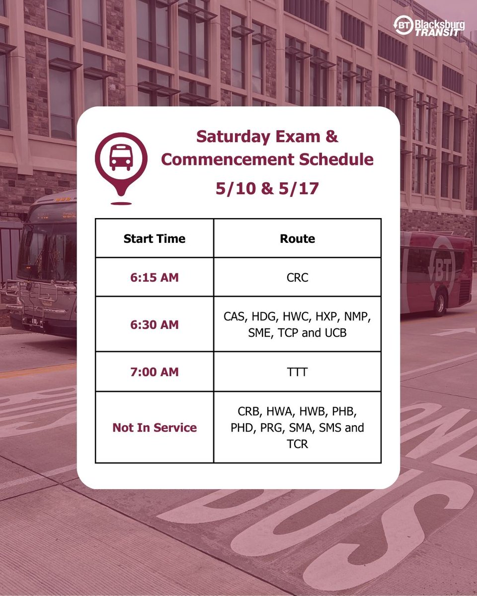Exam Service begins tomorrow! BT Weekday Exam Service starts early for all routes except CRB and TTT. See ridebt.org/news-alerts/53… for details.