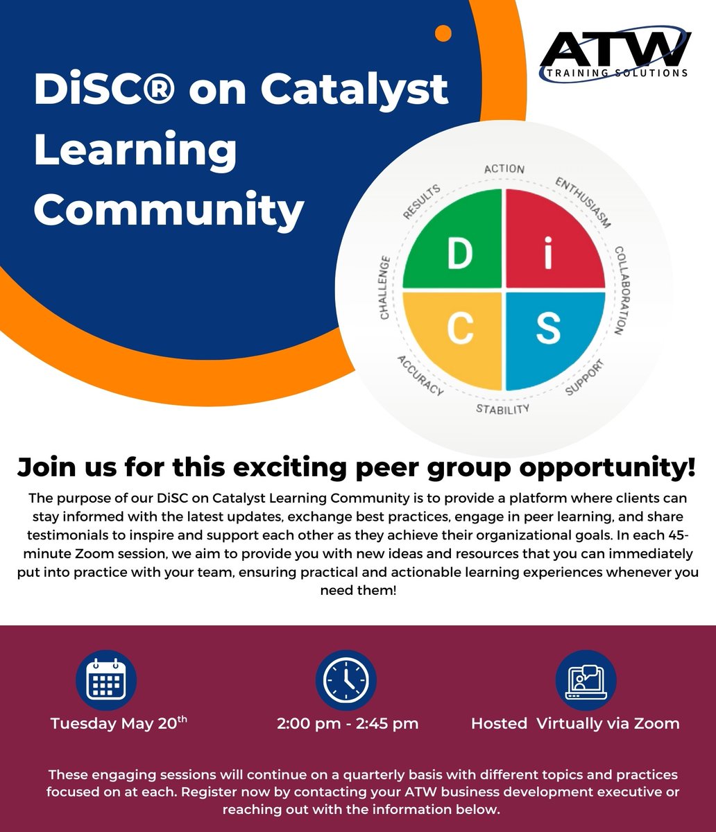 ATW_Training's tweet photo. Join our Free Virtual DiSC on Catalyst Learning Community! 🗓️ May 20, 2:00 PM. Learn, connect, and grow! Register now: https://t.co/5aLcYnG4qr #DiSCOnCatalyst #LeadershipDevelopment #ContinuousLearning #FreeEvent #VirtualEvent https://t.co/bki5cJGydd