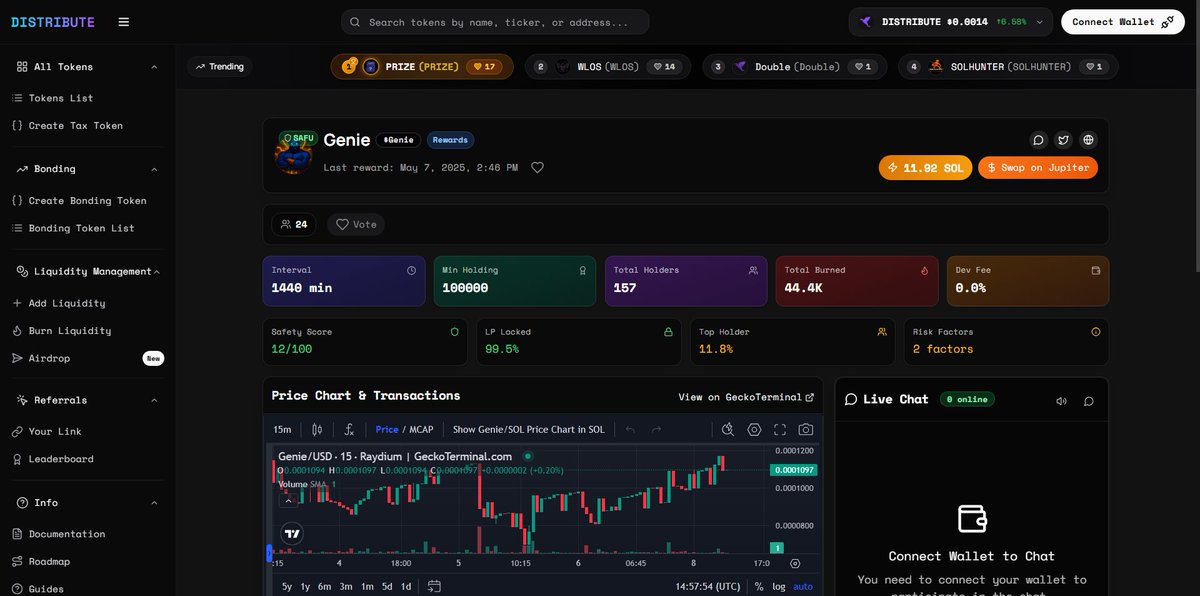 $Genie dev fee set to 0% and rewards interval to 24 hours.
#Distribute #Solana #1000xGems