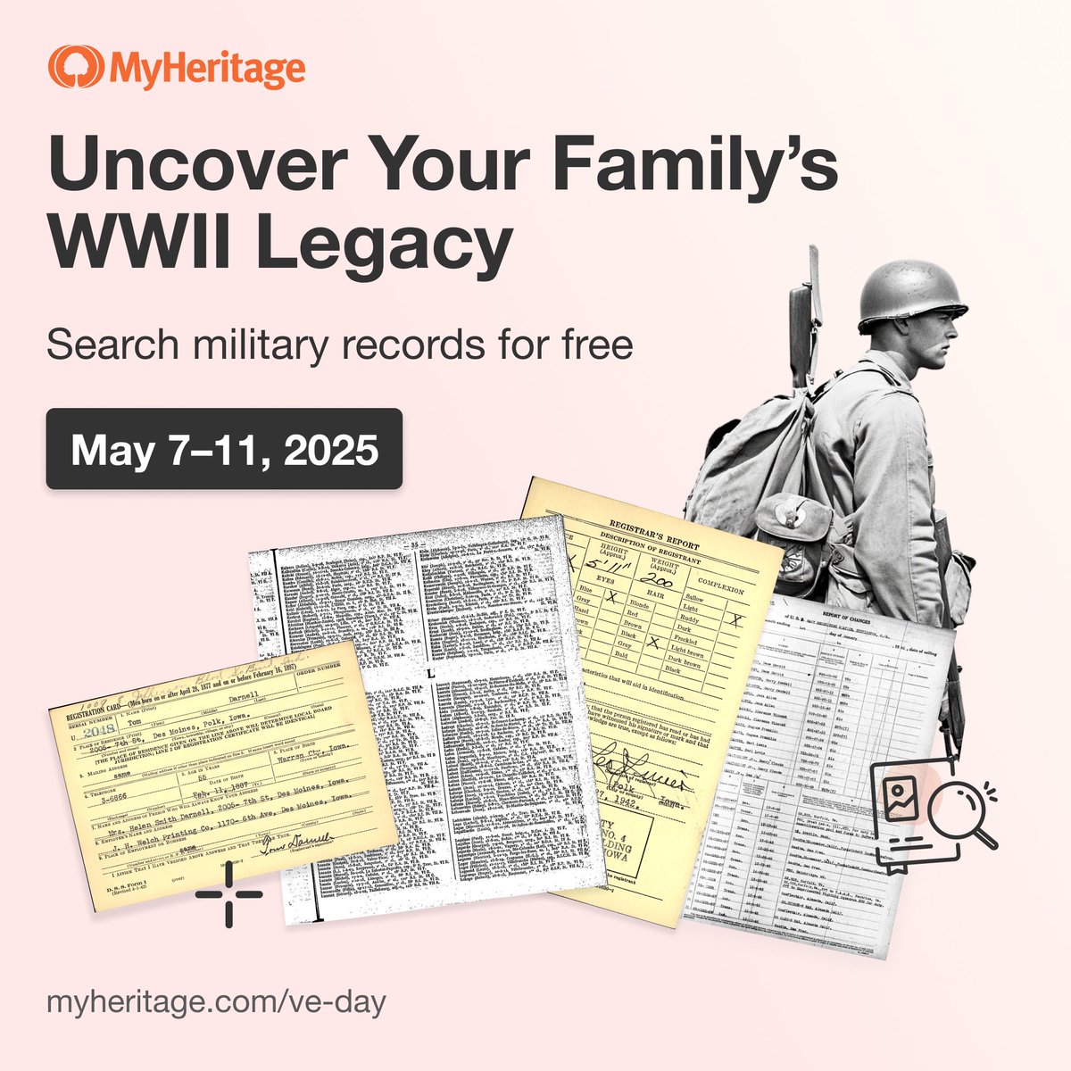 FREE WWII RECORDS! Honor the 80th VE Day anniversary by exploring 127 million wartime records on MyHeritage. Available May 7–11 only. Discover your history today: myheritage.com/ve-day #VEDay80