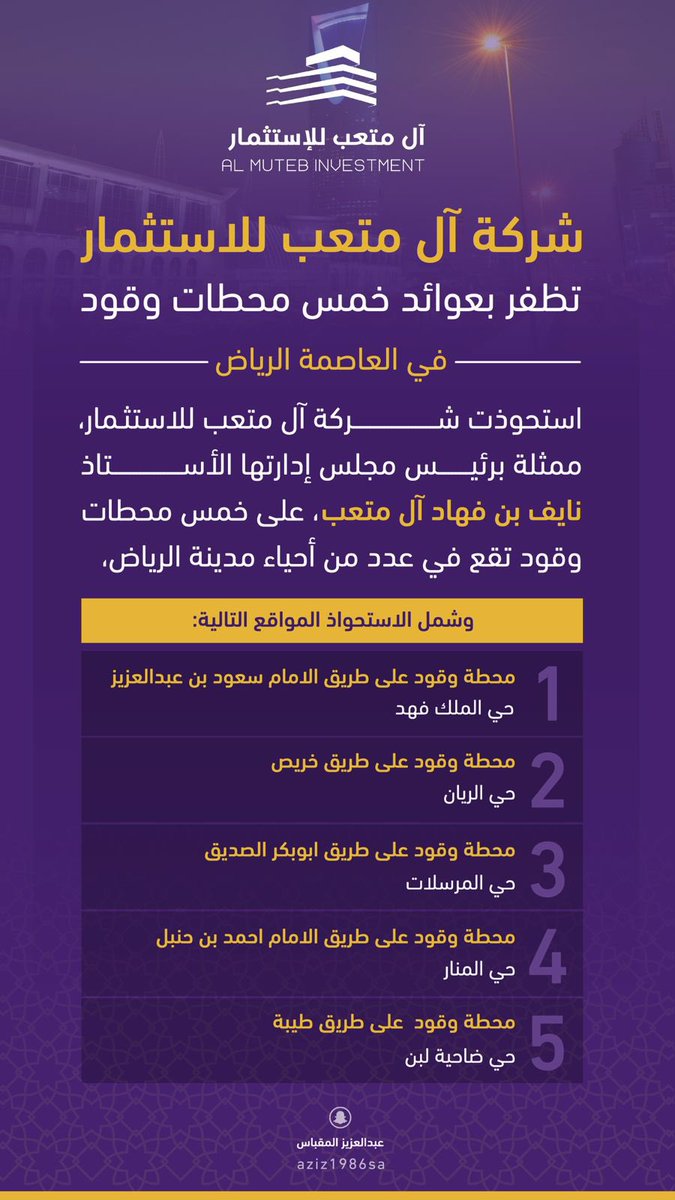 #استحوذت شركة ال متعب للإستثمار ممثلة برئيس مجلس الادارة رجل الأعمال/ نايف بن فهاد ال متعب على عدد من العقارات التجارية بقيمة تتجاوز 62 مليون ريال في مدينة #الرياض.