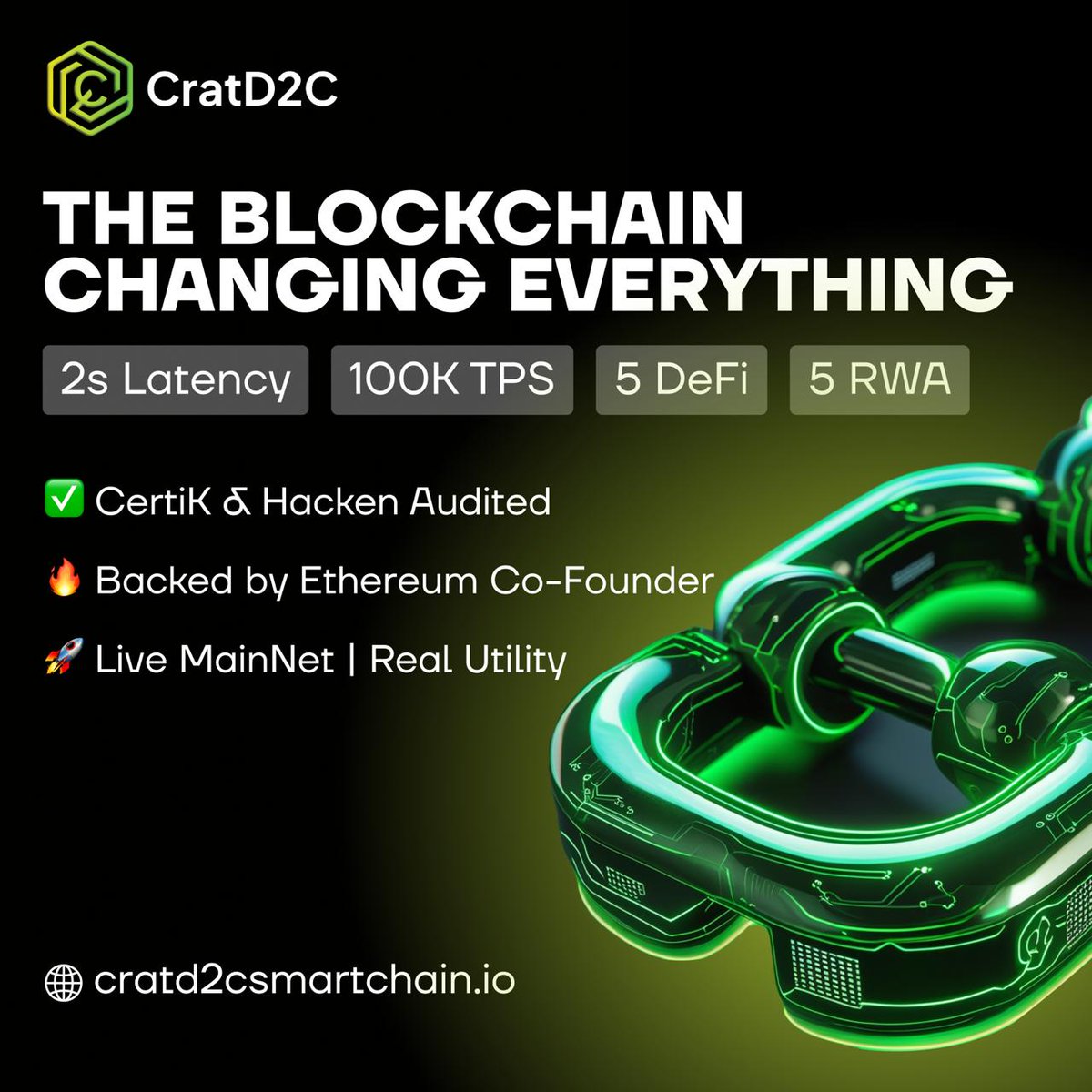 CratD2C's tweet photo. 🚨 The Blockchain That’s Changing Everything!

$CRAT is not just hype — it’s innovation in motion:

⚡ 2s Latency | 💥 100K TPS
🔗 5 DeFi Protocols | 🌍 5 RWA Marketplaces
🛡️ CertiK & Hacken Audited
🔥 Backed by Ethereum Co-Founder
🚀 Live MainNet | Real Utility
Join the revolution before it hits the moon! 🌙

👉 https://t.co/vqVk0DrxYz