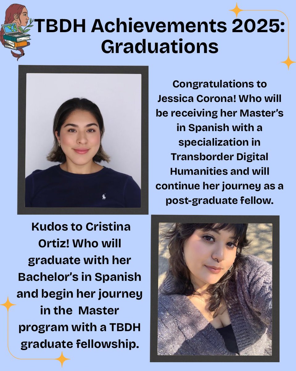 TransborderDH's tweet image. 🌐 Join us in congratulating Jessica Corona, who is receiving her Master’s in Spanish and continuing as a post-graduate fellow, and Cristina Ortiz, who is earning her Bachelor’s this May and stepping into a graduate fellowship.  

#TransborderDH #TBDH #Borderlands #Fronteriza #DH