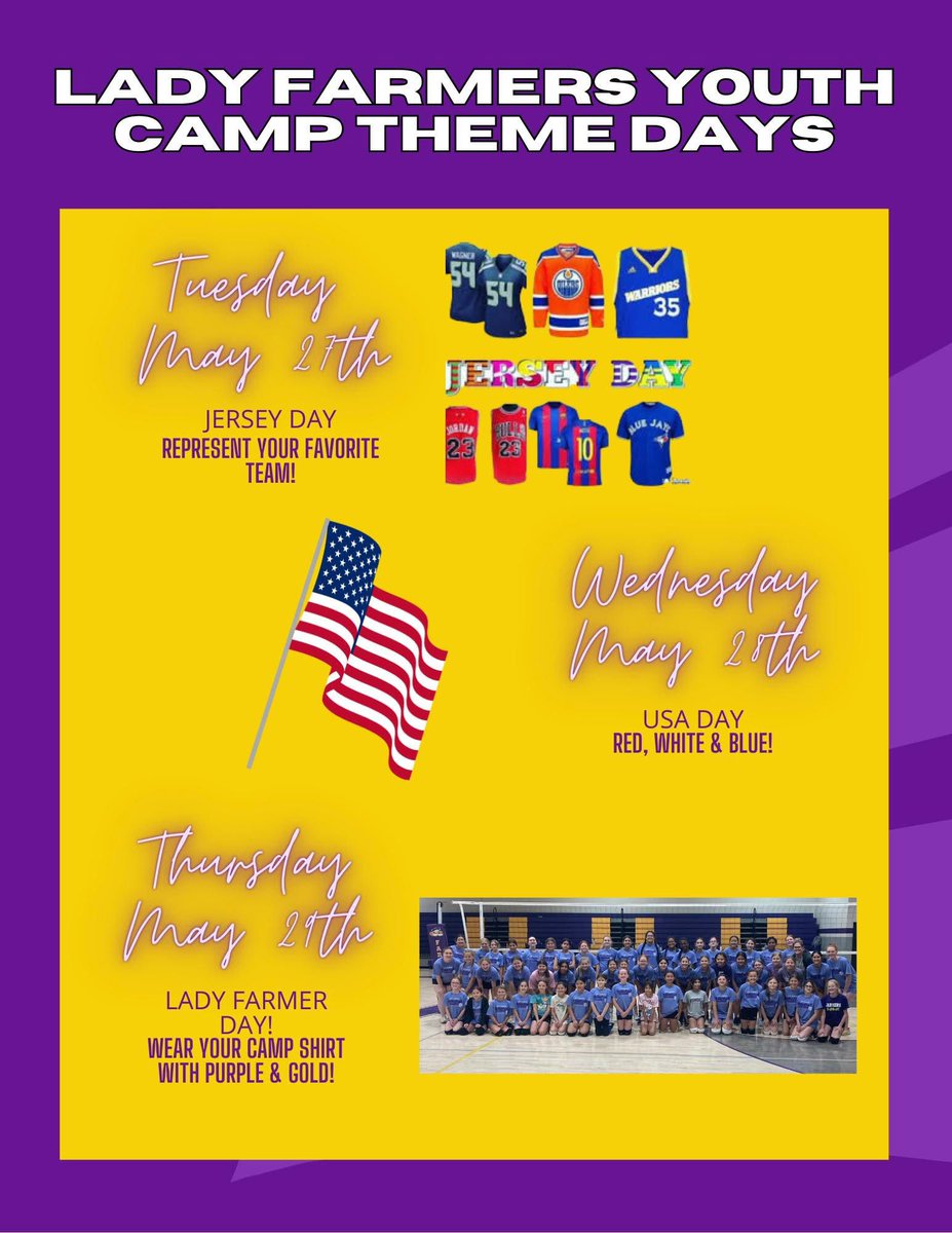 Reminder to sign up for volleyball camp! It is getting close. If you get signed up by the end of next week, you will be guaranteed a camp shirt during camp. Here are our themes for each day!!

Link: events.humanitix.com/2025-farmersvi…