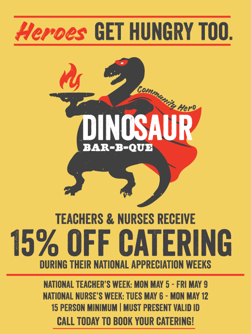 Dinosaur_BBQ's tweet photo. Teachers and nurses.
You heal, teach, and lead.
We smoke, sauce, and serve.
Together = unstoppable. We're giving you 15% off. Show your ID. Get the BBQ.

#DinosaurBBQ #NationalBBQMonth #NationalTeachersWeek #NationalNursesWeek #CommunityHeros #BBQCatering https://t.co/NobAE4qPZ3