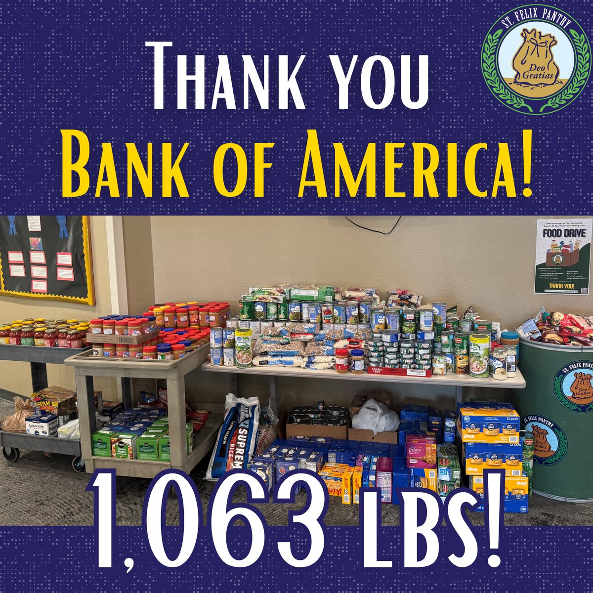 StFelixPantry's tweet image. #ThankYou to the Bank of America Call Center in #RioRancho! Their April Food Drive brought in 1,063lbs of food to #HelpFightHunger in our community. 
Want to host a #FoodDrive? Contact us at info@stfelixpantry.org. We can provide bins and signs - and pick up donations at the end.
