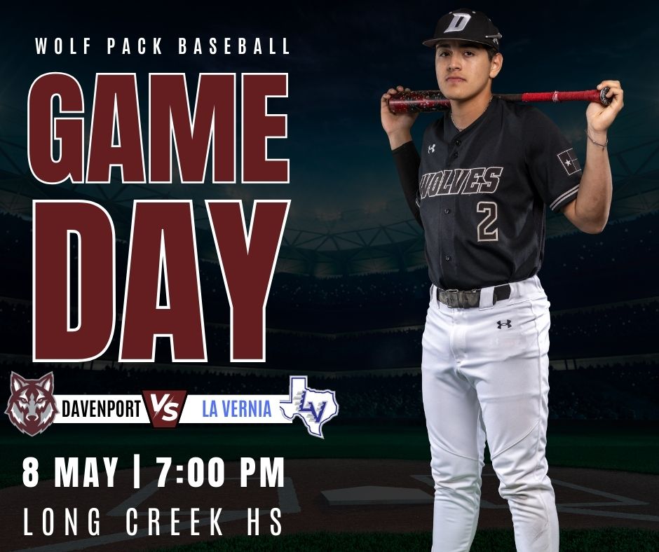 Davenport Baseball (@bsbldavenport) on Twitter photo IT'S GAME DAY! The Pack squares off with La Vernia tonight in an Area Round GM 1 matchup. First pitch is slated for 7:00 pm at Long Creek HS! Pack the stands! Be there, be early, be loud! GO WOLVES! <a href="/BuildThePack/">BuildThePack</a> <a href="/DavenportWolves/">DHS Wolves Athletics</a> <a href="/BMar1842/">Brian Martinez</a> <a href="/cisdnews/">Comal ISD</a> IT'S GAME DAY! The Pack squares off with La Vernia tonight in an Area Round GM 1 matchup. First pitch is slated for 7:00 pm at Long Creek HS! Pack the stands! Be there, be early, be loud! GO WOLVES! <a href="/BuildThePack/">BuildThePack</a> <a href="/DavenportWolves/">DHS Wolves Athletics</a> <a href="/BMar1842/">Brian Martinez</a> <a href="/cisdnews/">Comal ISD</a>