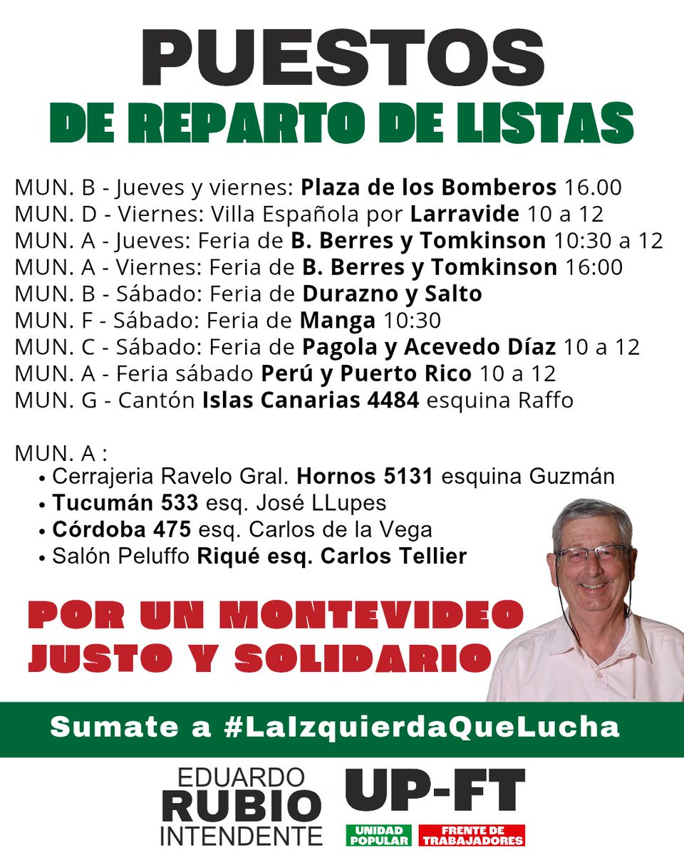 CONSEGUÍ TU LISTA

👉🏻 Conocé los puestos para conseguir tu lista de la izquierda en Montevideo antes del domingo

#LaIzquierdaQueLucha