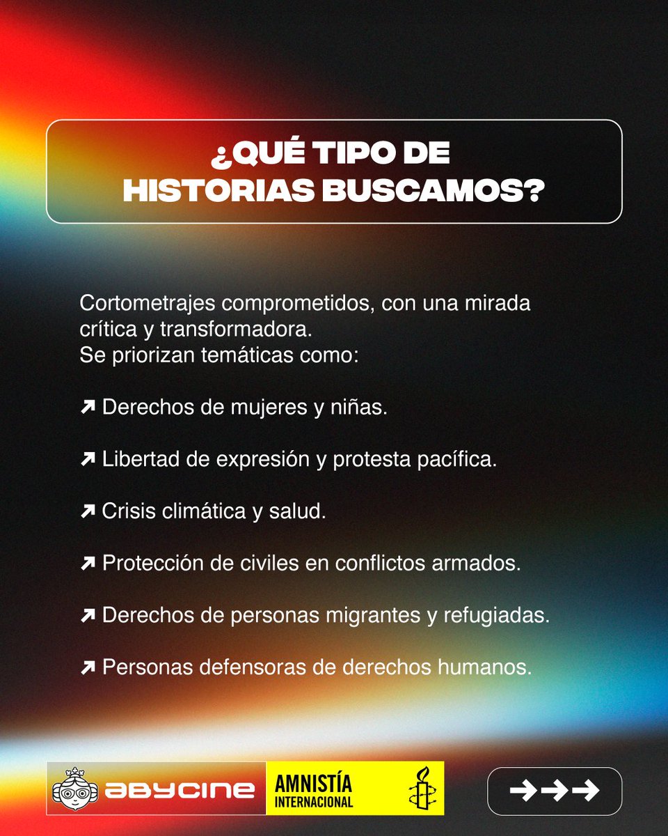 Amnistía Internacional ALBACETE (@amnistiaab) on Twitter photo 🎬 XIV Concurso de Ayuda a la Producción de Cortometrajes sobre Derechos Humanos con <a href="/abycine/">Abycine Festival</a>
Y <a href="/amnistiaespana/">Amnistía Internacional España</a>
🆕 La ayuda se integra en Abycine Lanza, la Zona Corto PRO. ¡Una oportunidad!
📅 Fecha límite: 30 de junio de 2025
📍 Toda la información en abycine.com/amnistia 🎬 XIV Concurso de Ayuda a la Producción de Cortometrajes sobre Derechos Humanos con <a href="/abycine/">Abycine Festival</a>
Y <a href="/amnistiaespana/">Amnistía Internacional España</a>
🆕 La ayuda se integra en Abycine Lanza, la Zona Corto PRO. ¡Una oportunidad!
📅 Fecha límite: 30 de junio de 2025
📍 Toda la información en abycine.com/amnistia